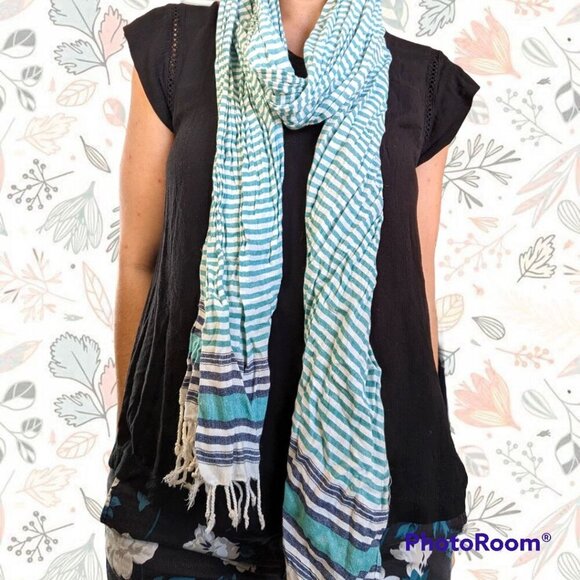 H&M Y2k Cotton Striped Fringe Scarf Teal White Navy - Picture 1 of 5